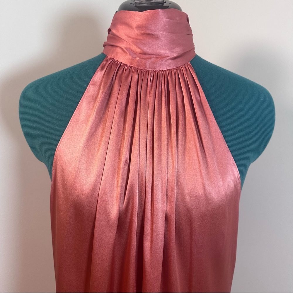 Ramy Brook Lori Silk High Neck Bow Halter Blouse in Deep Blush - Size Large - Picture 2 of 14